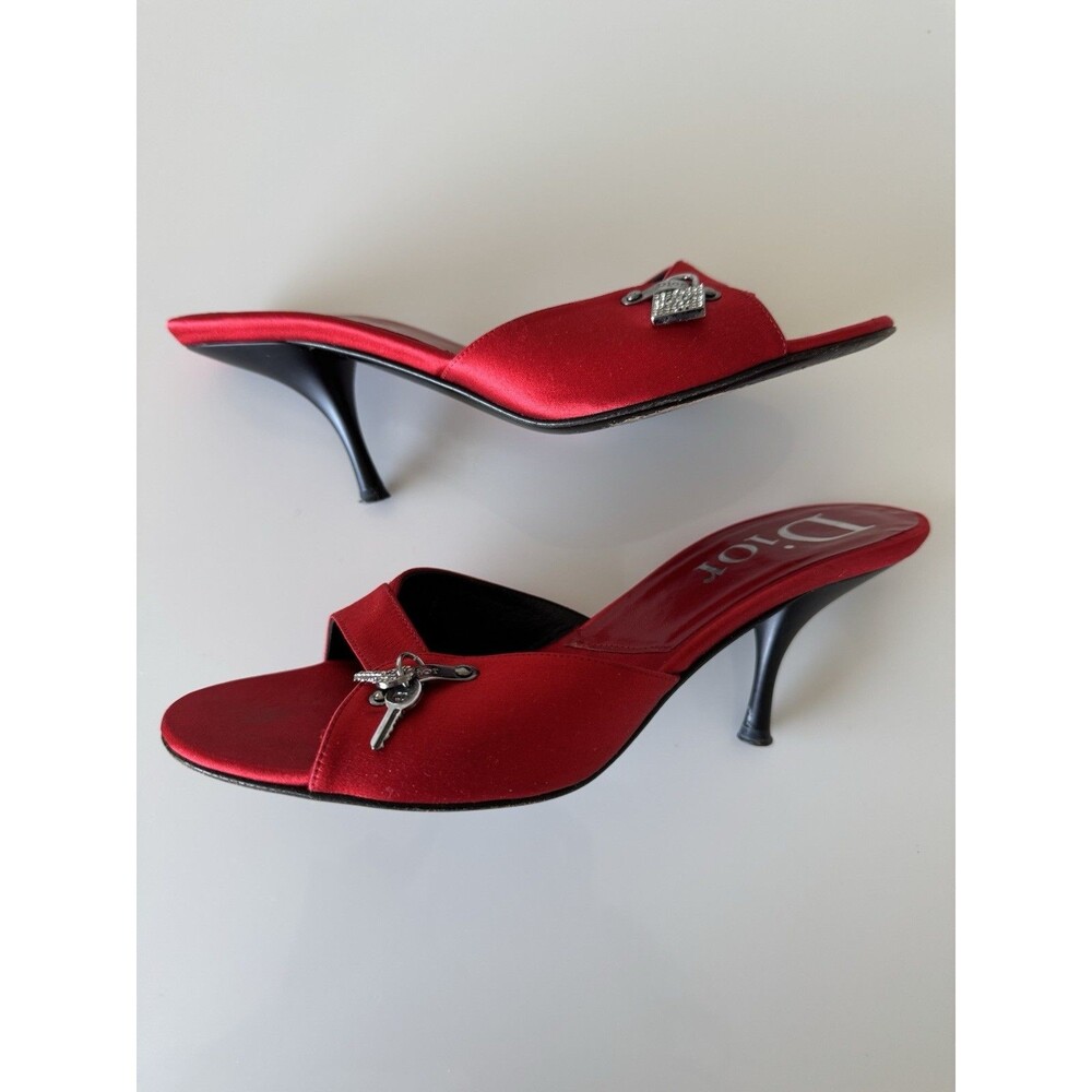 Vintage Dior Galliano Red Satin Lock & Key Mules EU 37.5 Authentic Shoes Y2K - Picture 6 of 11